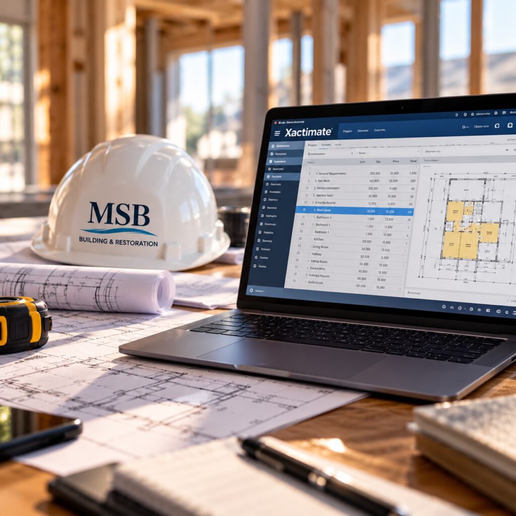 Estimator's desktop with Xactimate on laptop screen