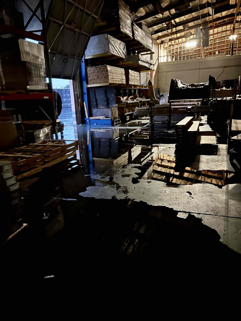 Warehouse with major water damage, roof leak