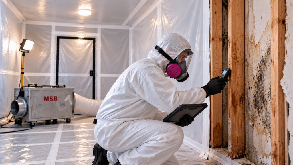 MSB Technician in PPE evaluating mold and moisture